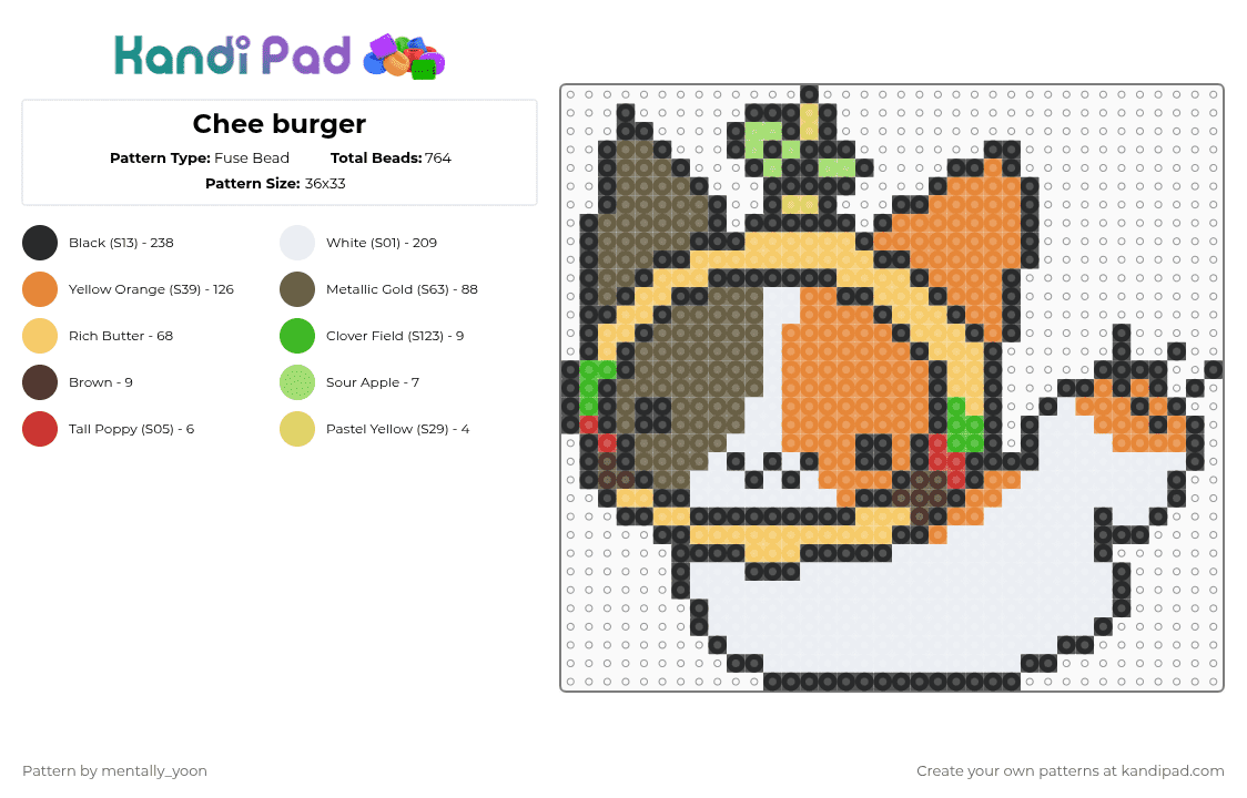 Chee burger - Fuse Bead Pattern by mentally_yoon on Kandi Pad - white,orange,tan,yellow