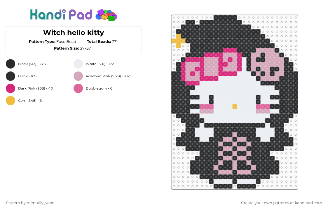 Witch hello kitty - Fuse Bead Pattern by mentally_yoon on Kandi Pad - black,pink