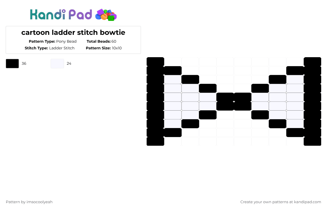cartoon ladder stitch bowtie - Pony Bead Pattern by imsocoolyeah on Kandi Pad - black,white,bowtie,ladder