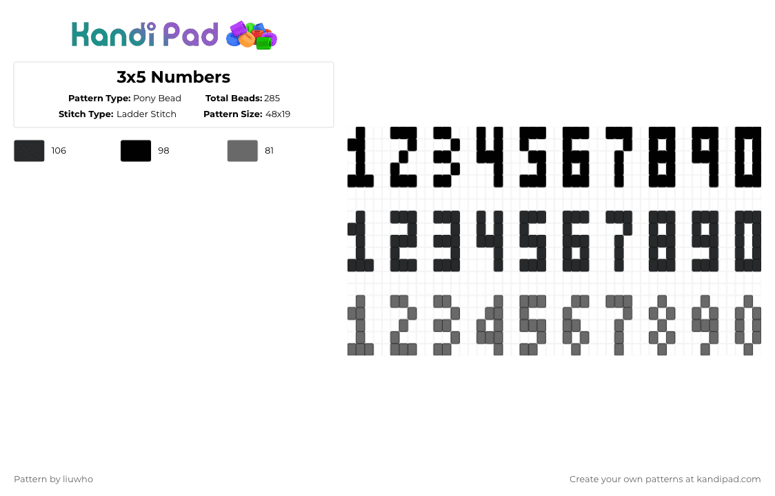 3x5 Numbers Pony Bead Pattern - Kandi Pad | Kandi Patterns, Fuse Bead ...