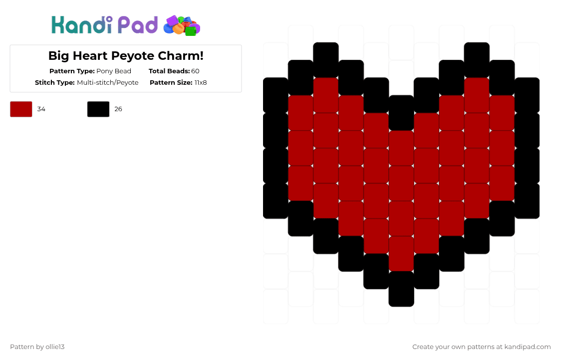 Big Heart Peyote Charm! - Pony Bead Pattern by ollie13 on Kandi Pad - black,red