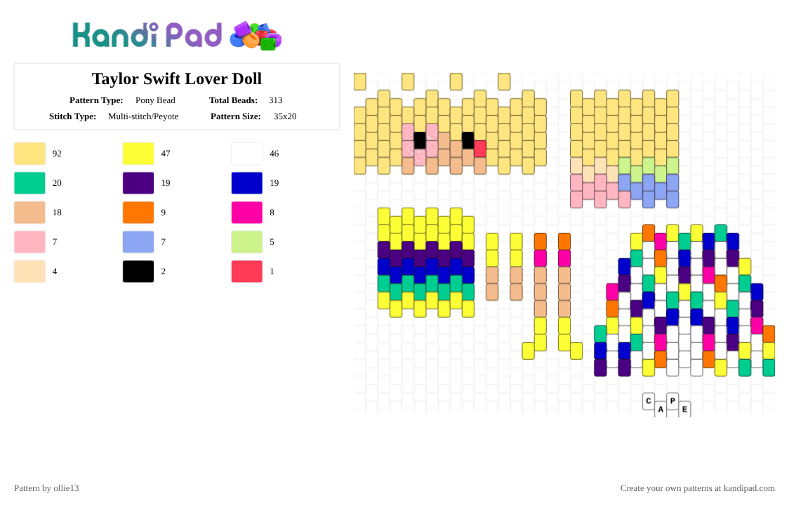 Taylor Swift Lover Doll - Pony Bead Pattern by ollie13 on Kandi Pad - yellow,purple,rainbow,pink,ts,taylorswift,celebrity,doll,music