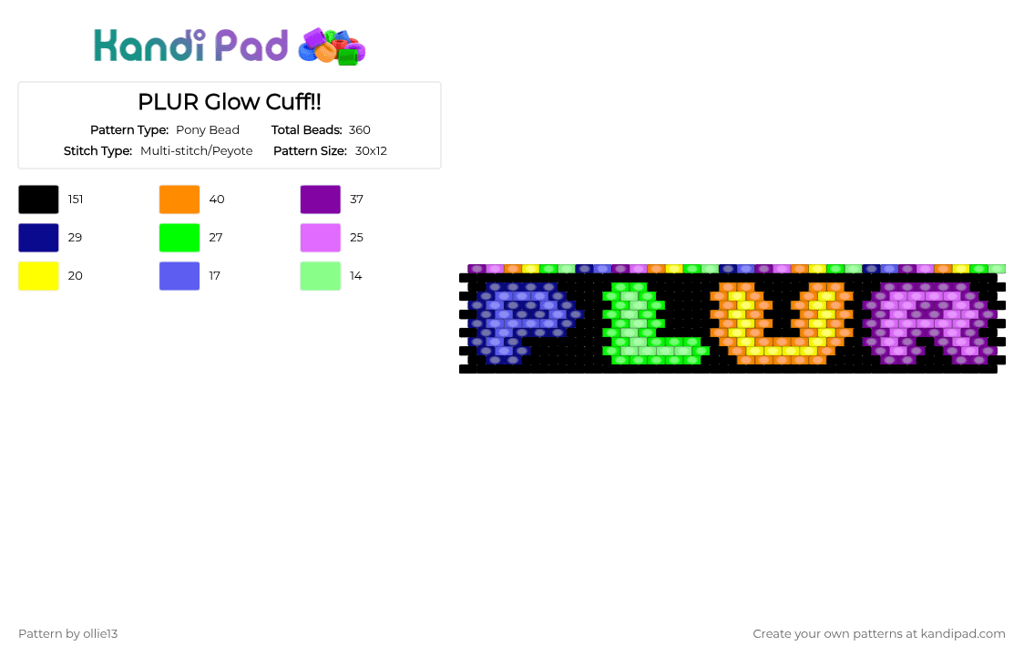 PLUR Glow Cuff!! - Pony Bead Pattern by ollie13 on Kandi Pad - black,orange,pink,colorful