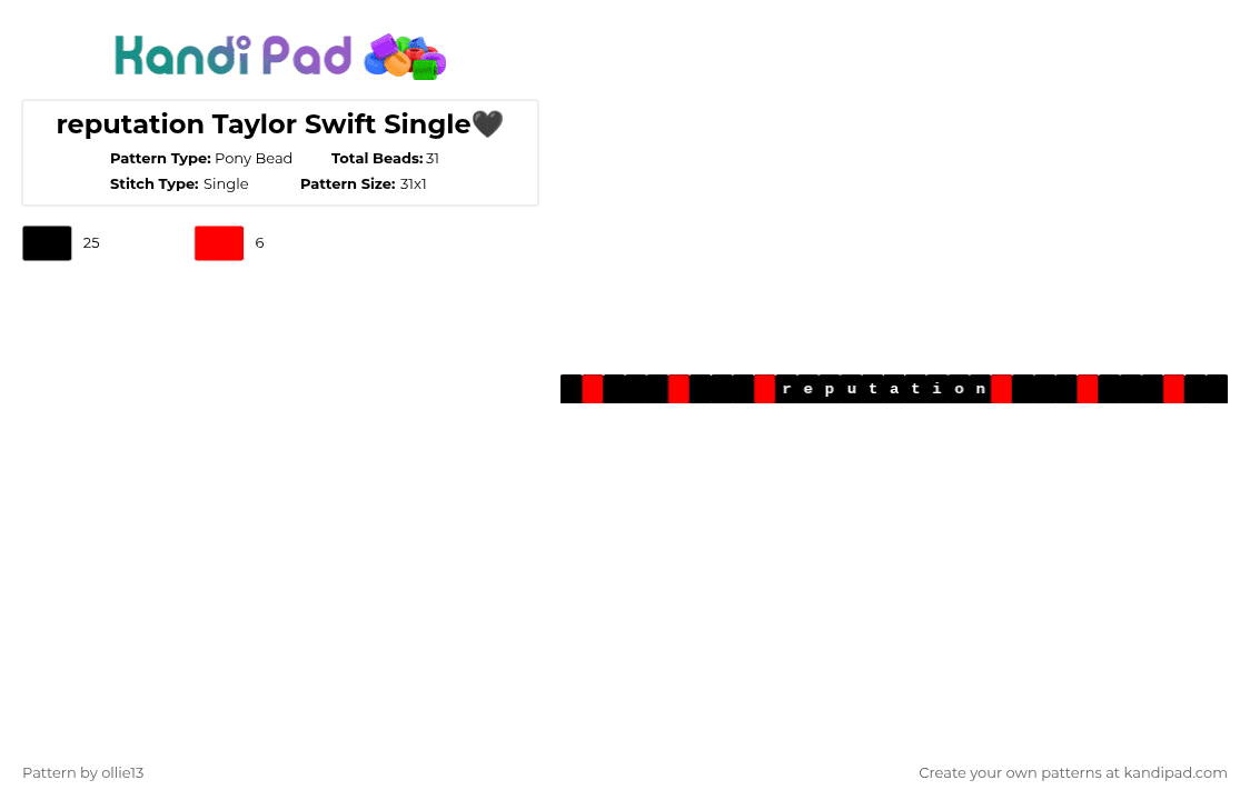 reputation Taylor Swift Single🖤 - Pony Bead Pattern by ollie13 on Kandi Pad - black