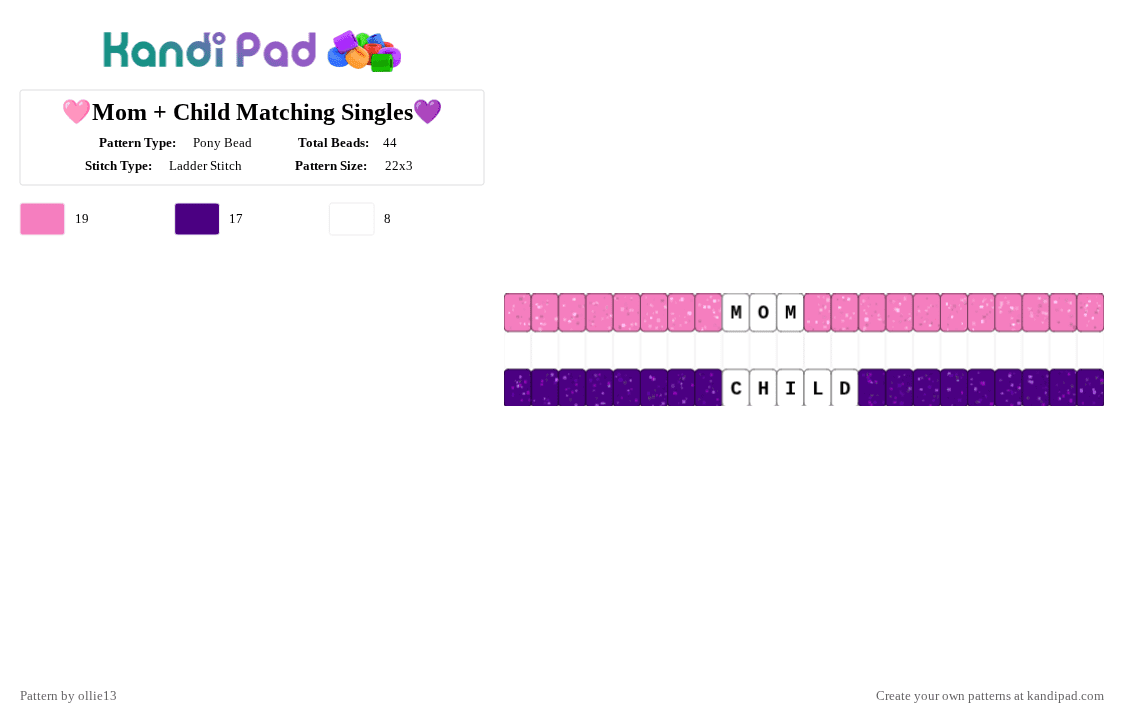 🩷Mom + Child Matching Singles💜 - Pony Bead Pattern by ollie13 on Kandi Pad - cotdmothersday2026, pink, purple