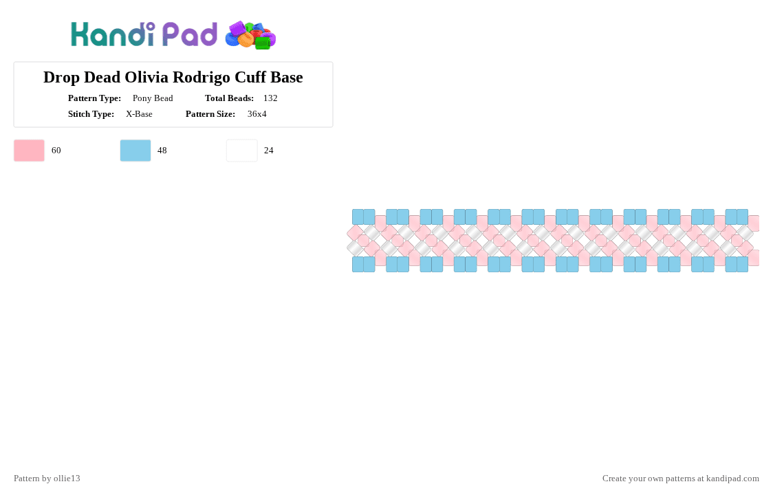 Drop Dead Olivia Rodrigo Cuff Base - Pony Bead Pattern by ollie13 on Kandi Pad - blue, drop dead, light blue, music, olivia rodrigo, pink, pop, set, white