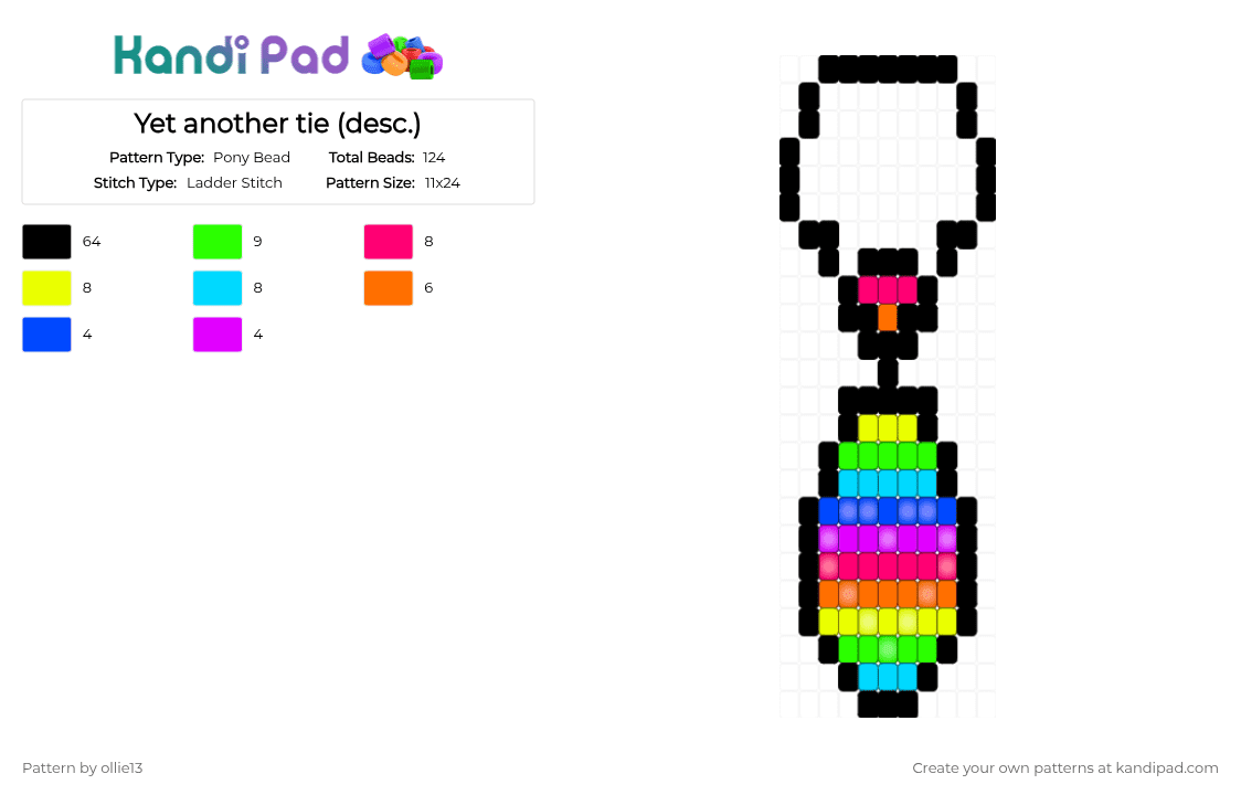 Yet another tie (desc.) - Pony Bead Pattern by ollie13 on Kandi Pad - black,pink,yellow,green,rainbow,glow,tie