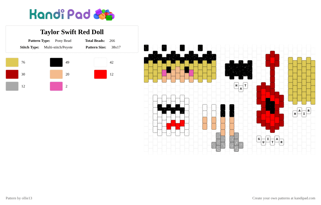 Taylor Swift Red Doll - Pony Bead Pattern by ollie13 on Kandi Pad - red,yellow,ts,taylorswift,glitter,music,celebrity