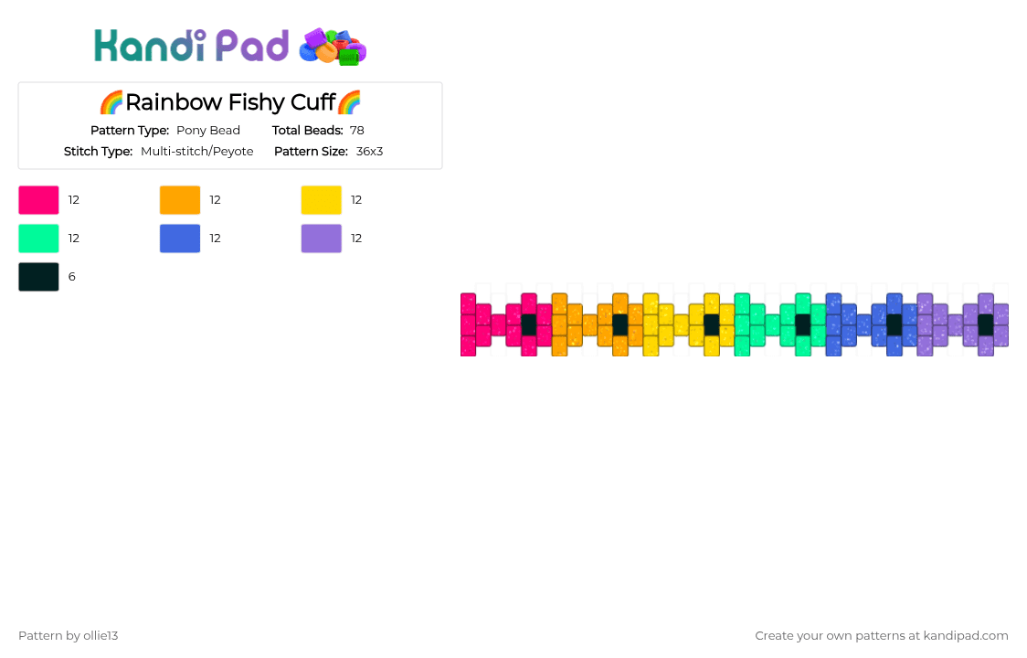 🌈Rainbow Fishy Cuff🌈 - Pony Bead Pattern by ollie13 on Kandi Pad - orange,teal,purple,colorful,cotdfishing