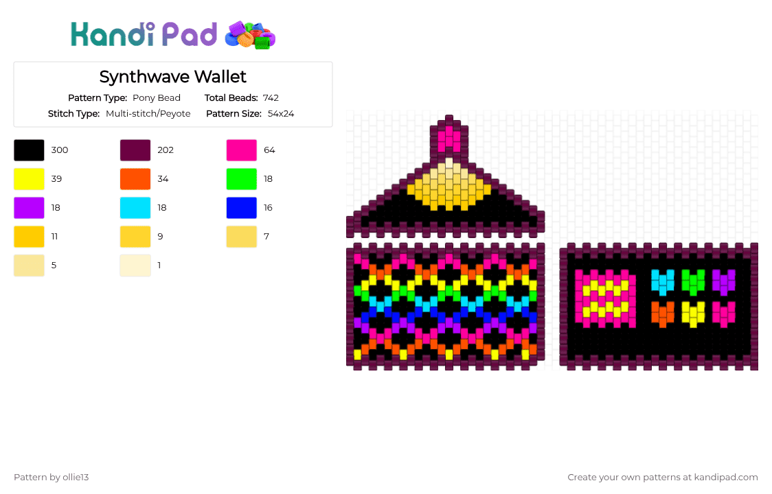 Synthwave Wallet - Pony Bead Pattern by ollie13 on Kandi Pad - pink,yellow,cotdsynthwaveaesthetics,rainbow,neon,wallet,stripes,hearts,black