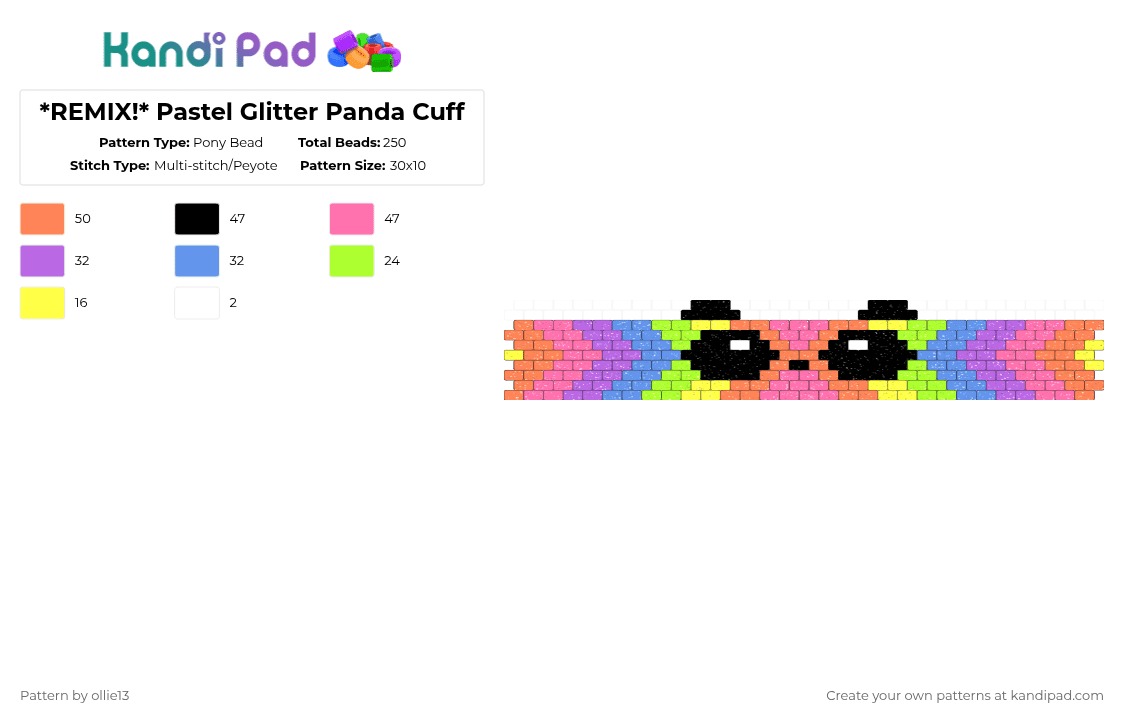 *REMIX!* Pastel Glitter Panda Cuff - Pony Bead Pattern by ollie13 on Kandi Pad - orange,pink