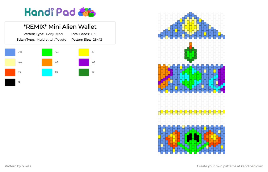 *REMIX* Mini Alien Wallet - Pony Bead Pattern by ollie13 on Kandi Pad - light blue