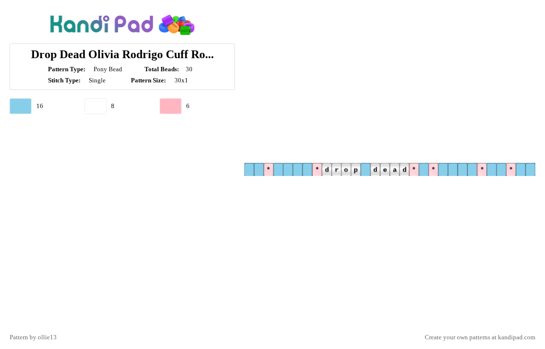 Drop Dead Olivia Rodrigo Cuff Rotator - Pony Bead Pattern by ollie13 on Kandi Pad - light blue,pink,olivia rodrigo,blue,stars,white,single,set,drop dead
