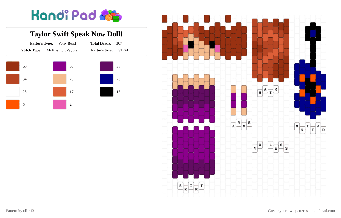 Taylor Swift Speak Now Doll - Pony Bead Pattern by ollie13 on Kandi Pad - red,pink,purple,speaknow,doll,ts,taylorswift,celebrity,guitar,music