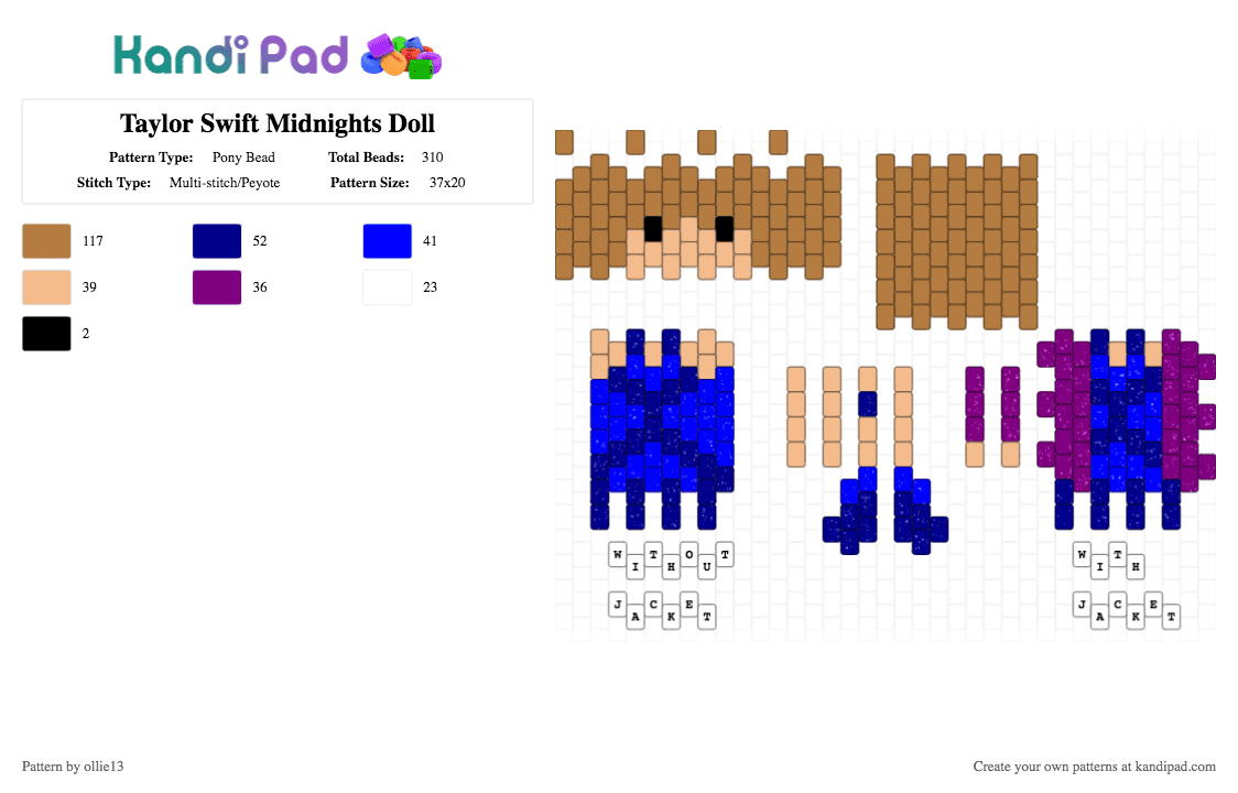 Taylor Swift Midnights Doll - Pony Bead Pattern by ollie13 on Kandi Pad - tan,purple