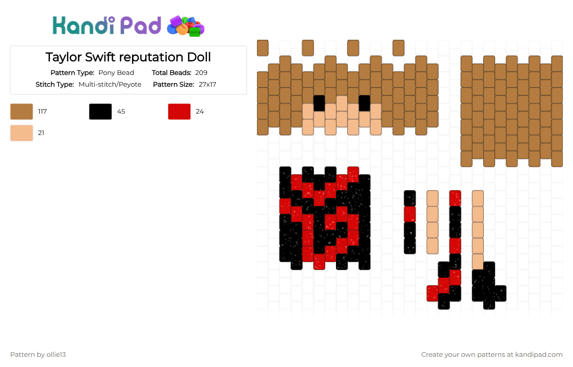 Taylor Swift reputation Doll - Pony Bead Pattern by ollie13 on Kandi Pad - tan,rep,reputation,ts,taylorswift,doll,black,red,glitter