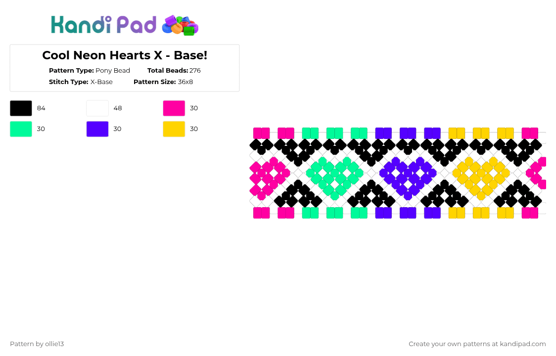 Cool Neon Hearts X - Base! - Pony Bead Pattern by ollie13 on Kandi Pad - pink,teal,purple,yellow