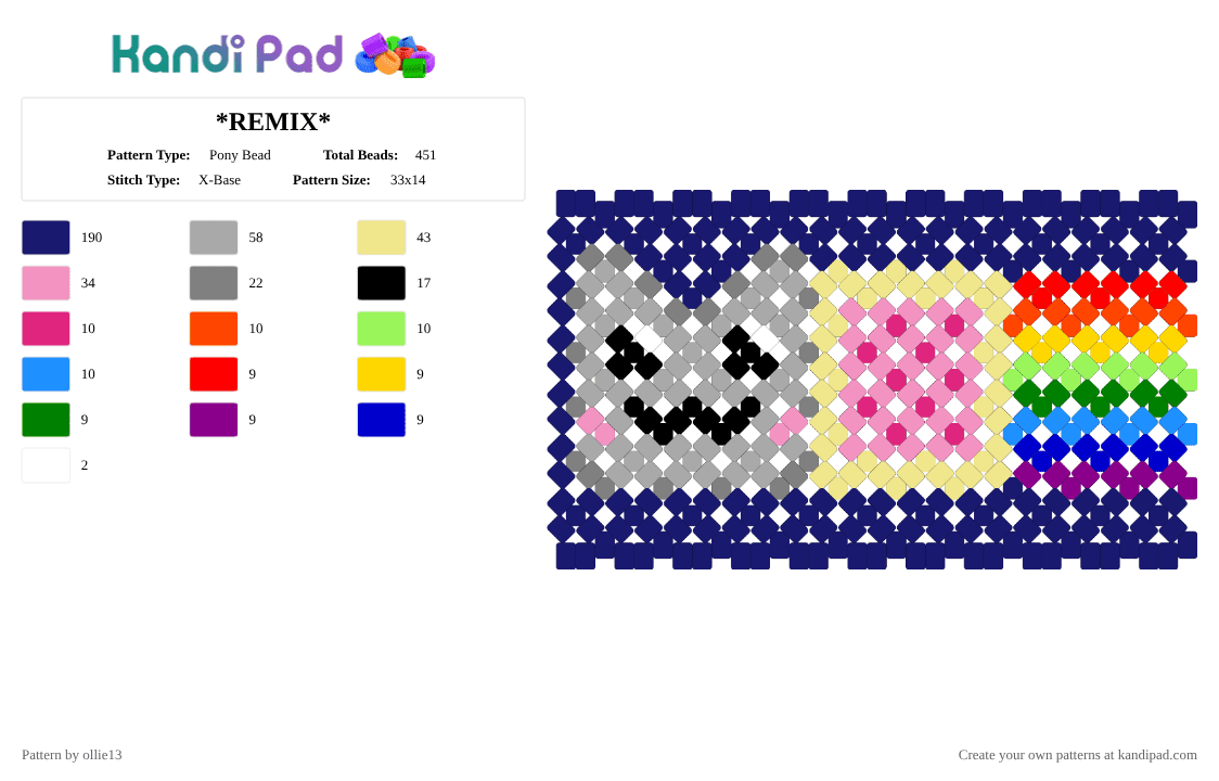 *REMIX* Nyan Cat X - Base! - Pony Bead Pattern by ollie13 on Kandi Pad - beige,pink,yellow,purple,nyancat,cat,rainbow,cuff,x base