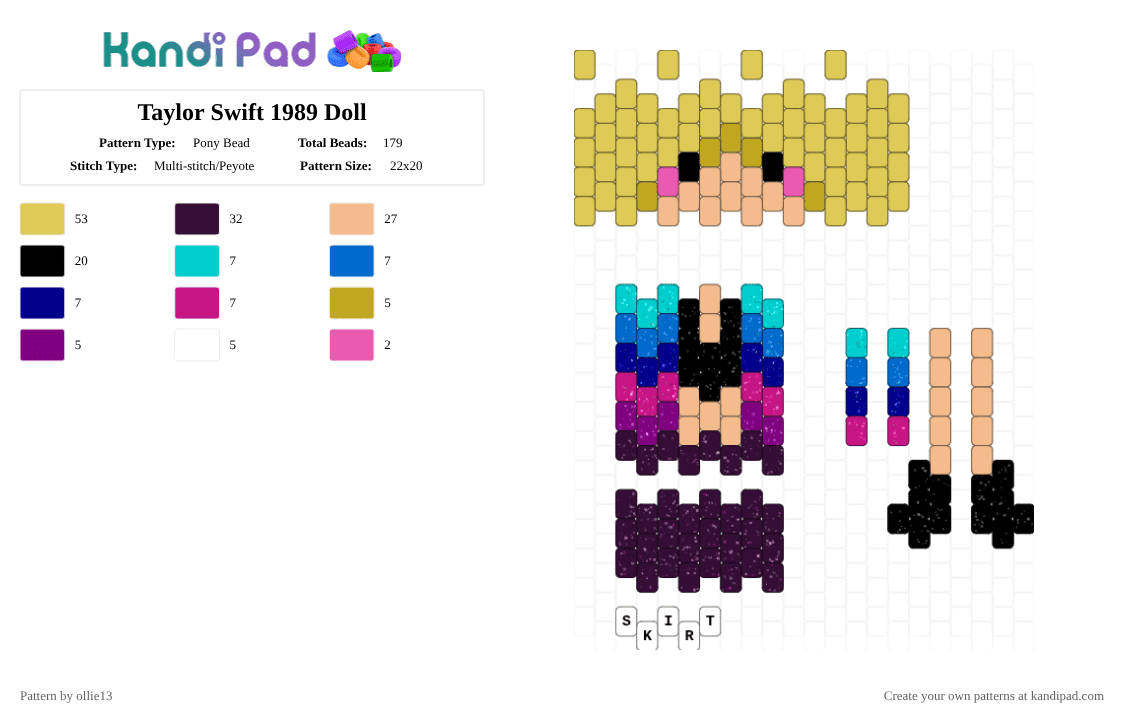 Taylor Swift 1989 Doll - Pony Bead Pattern by ollie13 on Kandi Pad - yellow,beige,1989,ts,taylorswift,glitter,rainbow,doll,celebrity,music