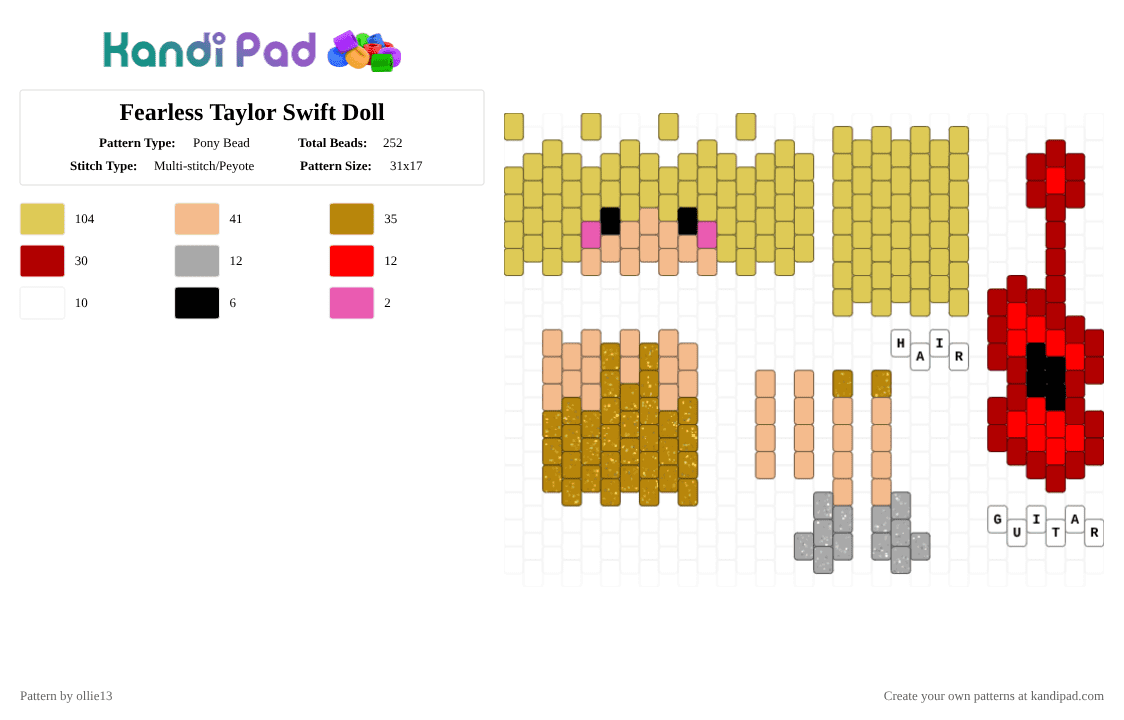 Fearless Taylor Swift Doll - Pony Bead Pattern by ollie13 on Kandi Pad - yellow,beige,fearless,gold,doll,red,ts,taylorswift