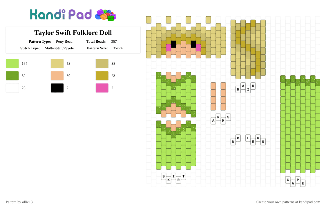 Taylor Swift Folklore Doll - Pony Bead Pattern by ollie13 on Kandi Pad - green,folklore,doll,ts,taylorswift,glitter,music,kjlfsadljksfdakjlasdf