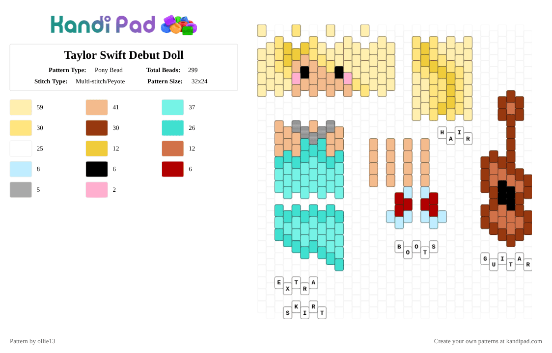 Taylor Swift Debut Doll - Pony Bead Pattern by ollie13 on Kandi Pad - yellow,beige,light blue,taylorswift,teal,doll,celebrity