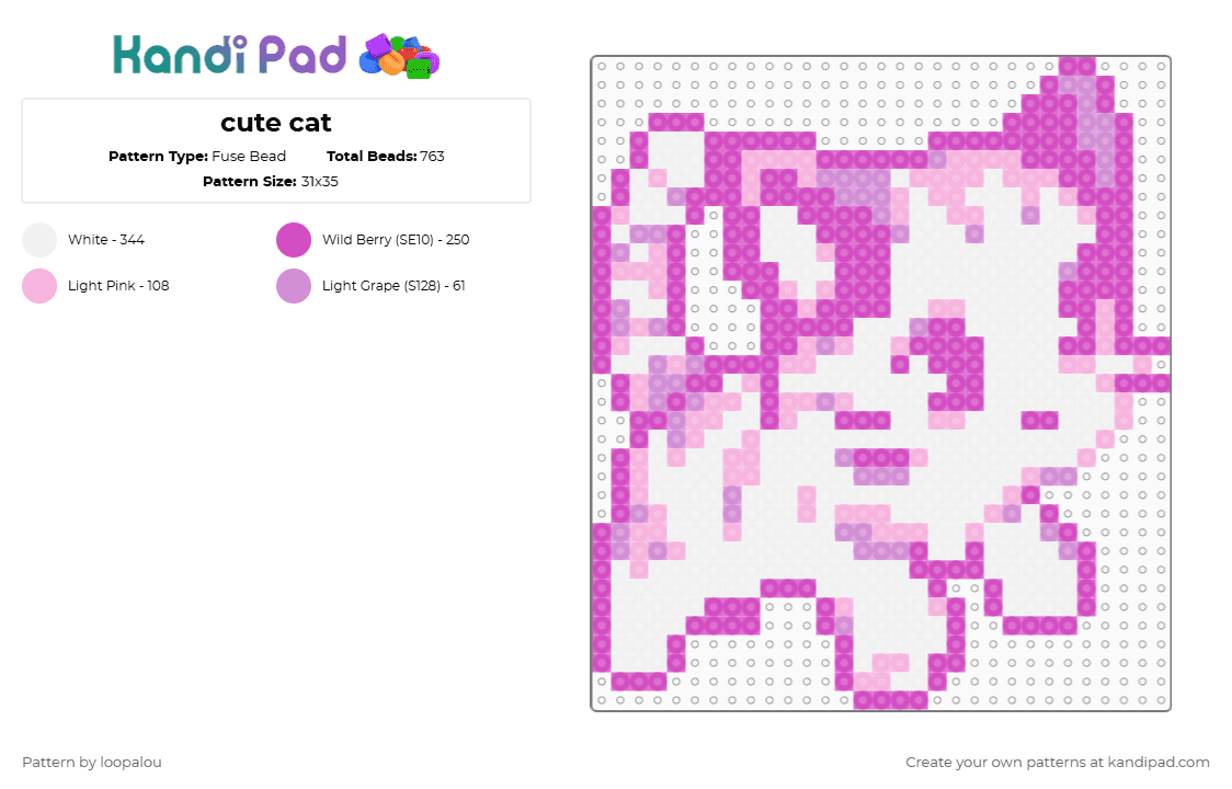 cute cat - Fuse Bead Pattern by loopalou on Kandi Pad - pink,white