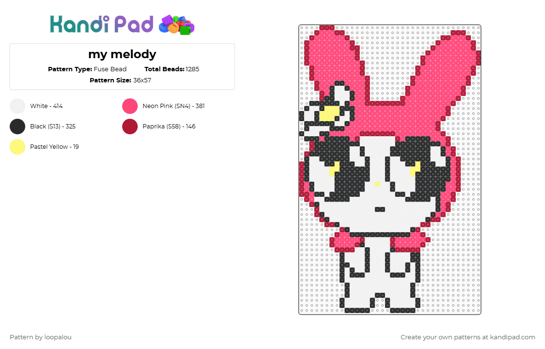 my melody - Fuse Bead Pattern by loopalou on Kandi Pad - red,hellokitty,mymelody,sanrio