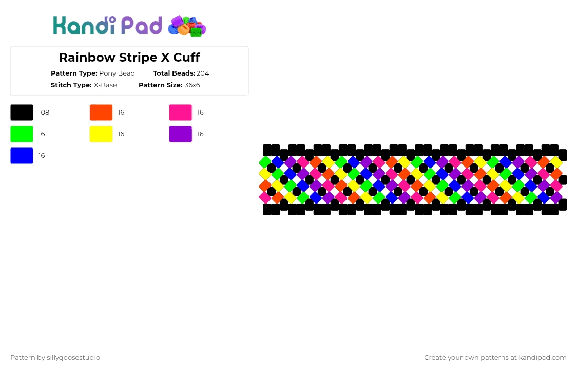 Rainbow Stripe X Cuff - Pony Bead Pattern by sillygoosestudio on Kandi Pad - black,purple,cotdneon,rainbow,x cuff,stripes,neon