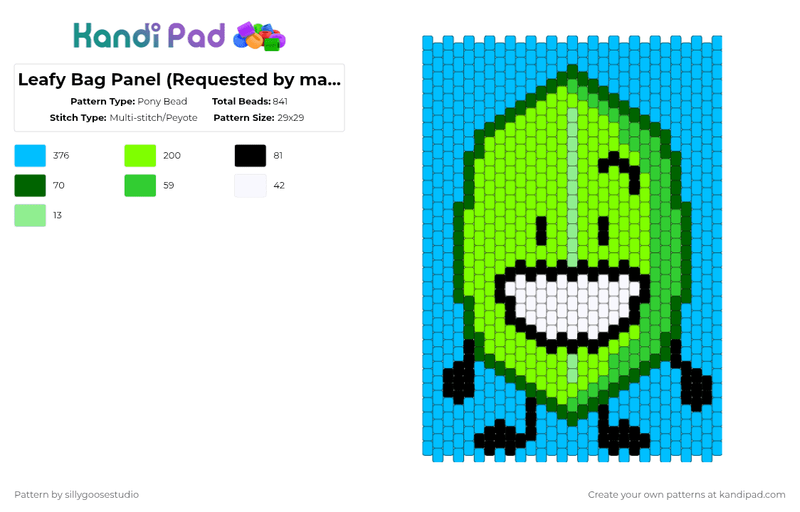 Leafy Bag Panel (Requested by madokamagica) - Pony Bead Pattern by sillygoosestudio on Kandi Pad - green,light blue,leafy,bfdi,bag,panel