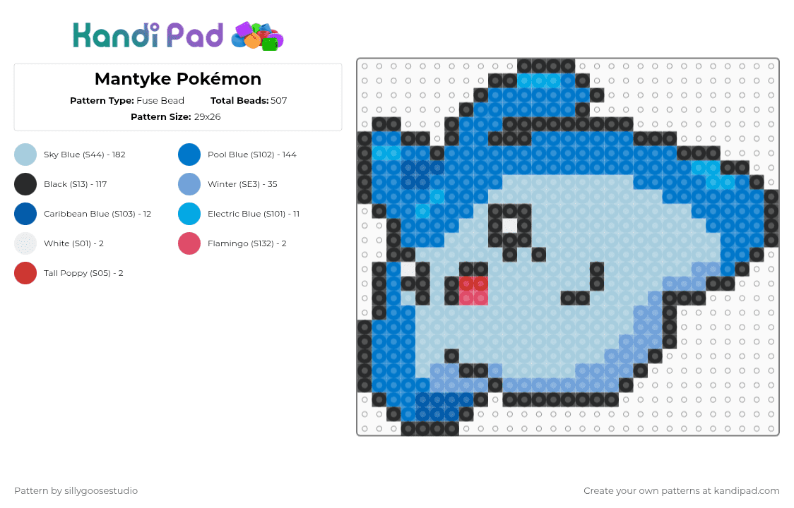 Mantyke Pokémon - Fuse Bead Pattern by sillygoosestudio on Kandi Pad - light blue,blue,mantyke,manta ray,pokemon
