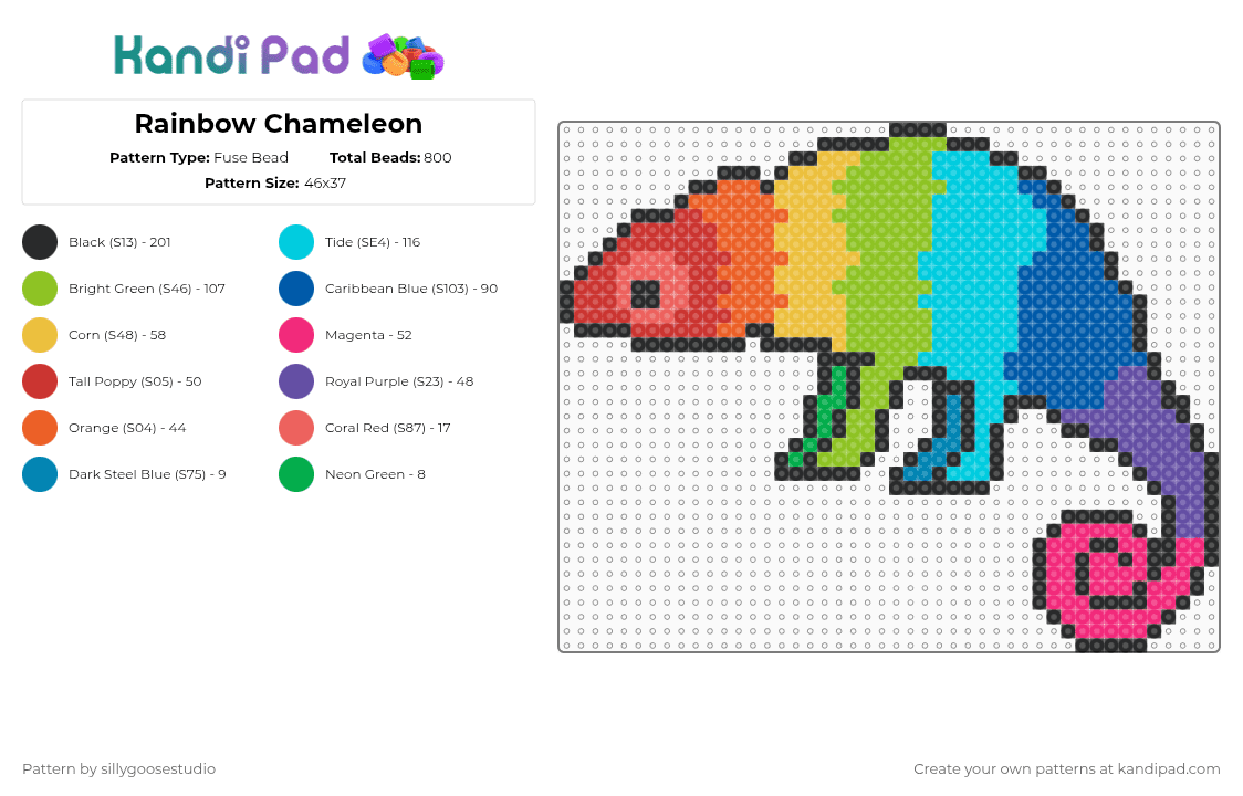 Rainbow Chameleon - Fuse Bead Pattern by sillygoosestudio on Kandi Pad - red,green,light blue,blue,cotdhue,chameleon,rainbow,colorful,animal,reptile,lizard