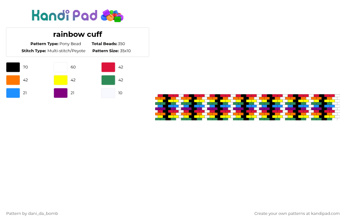 rainbow cuff - Pony Bead Pattern by dani_da_bomb on Kandi Pad - red,orange,yellow,green