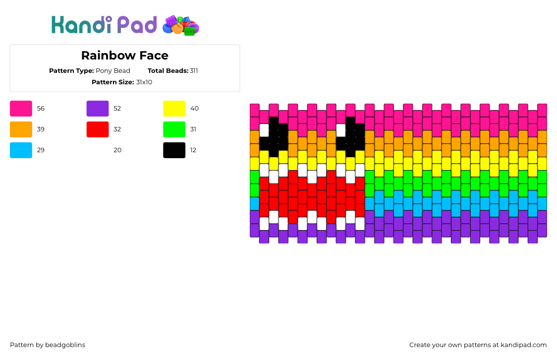 Rainbow Face - Pony Bead Pattern by beadgoblins on Kandi Pad - domo,rainbow,cuff,face,mouth,colorful,red,pink