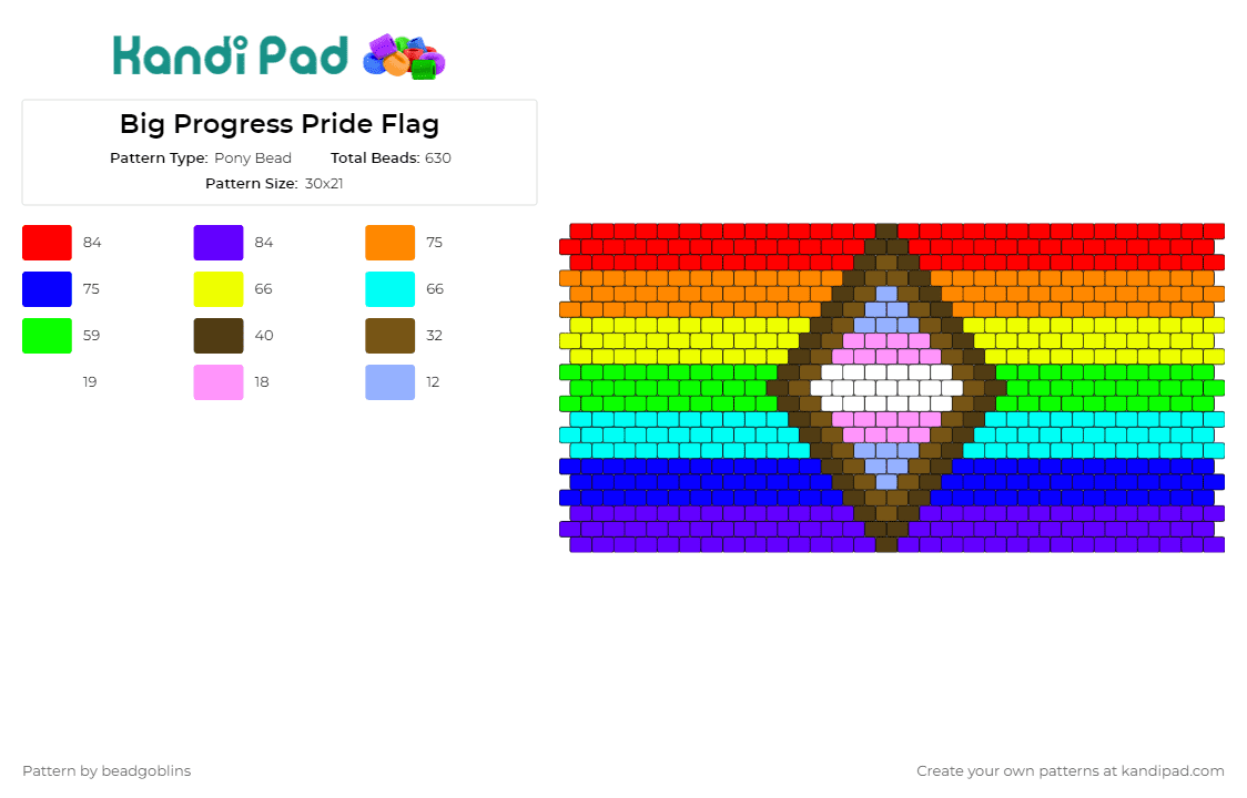 Big Progress Pride Flag - Pony Bead Pattern by beadgoblins on Kandi Pad - progress,rainbows,pride,cuff,flags