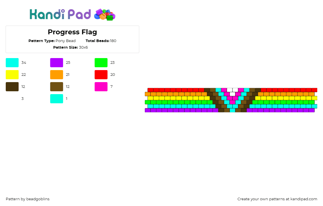 Progress Flag - Pony Bead Pattern by beadgoblins on Kandi Pad - progress,pride,flag,cuff,bracelet,colorful,rainbow