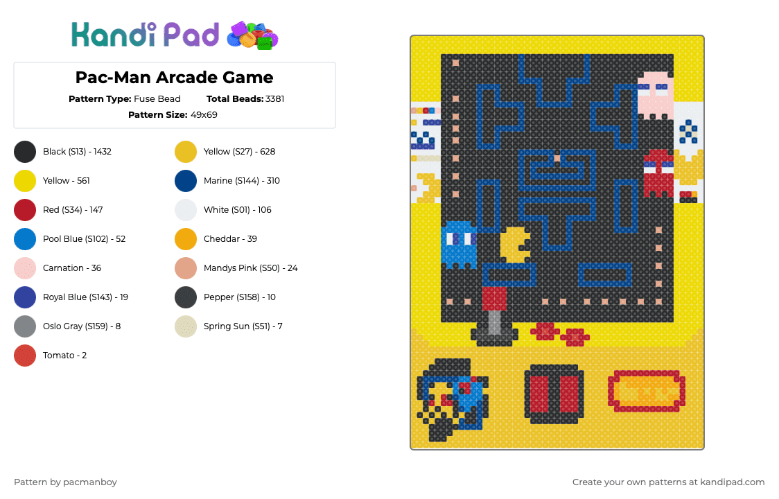 Pac-Man Arcade Game - Fuse Bead Pattern by pacmanboy on Kandi Pad - black,yellow,blue