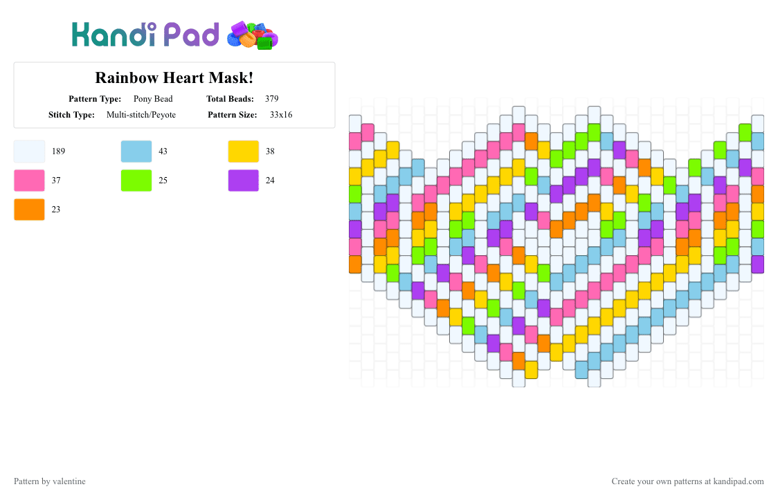 Rainbow Heart Mask! - Pony Bead Pattern by valentine on Kandi Pad - white,pink,yellow,light blue