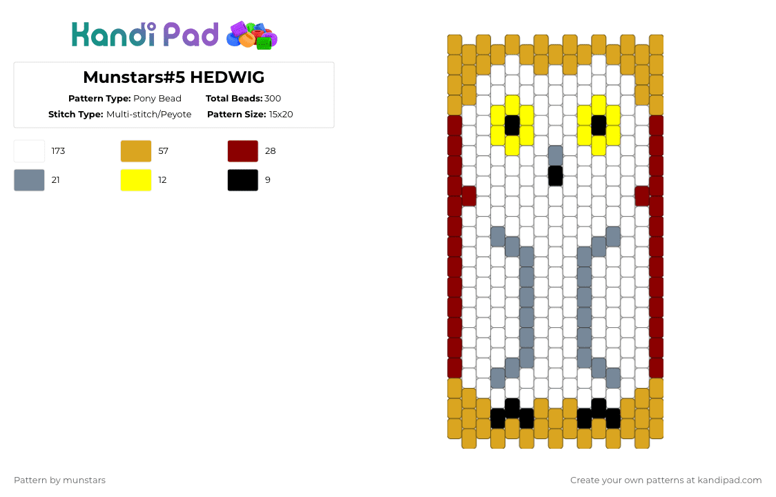 Munstars#5 HEDWIG - Pony Bead Pattern by munstars on Kandi Pad - white,orange,red,harrypotter,hedwig,potterhead,gryffindor,hogwarts,slytherin,hufflepuff,ravenclaw