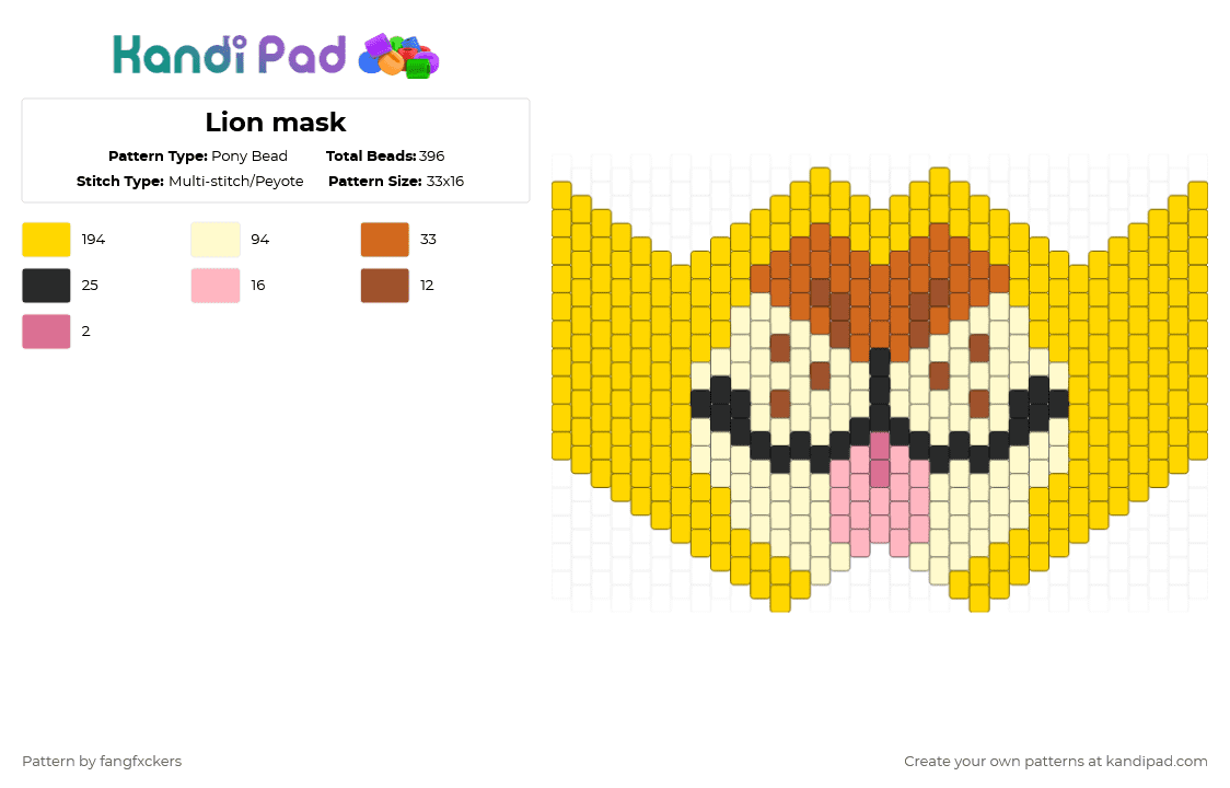 Lion mask - Pony Bead Pattern by fangfxckers on Kandi Pad - yellow