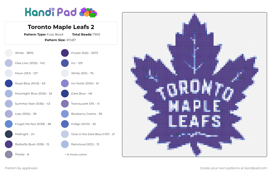 Toronto Maple Leafs 2 - Fuse Bead Pattern by appleuser on Kandi Pad - white,purple
