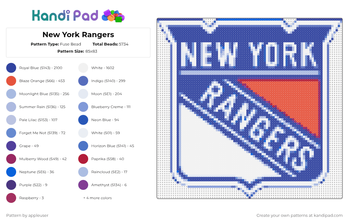 New York Rangers - Fuse Bead Pattern by appleuser on Kandi Pad - purple