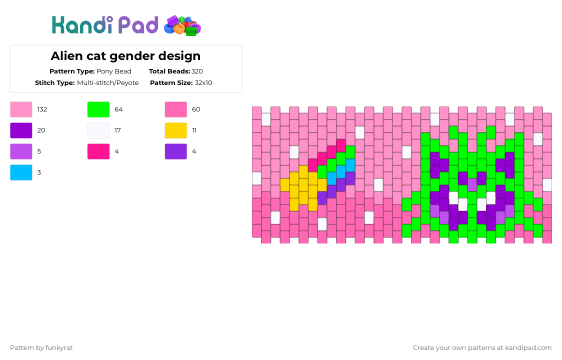 Alien cat gender design - Pony Bead Pattern by funkyrat on Kandi Pad - pink,green,gender,alien,alien cat,alien cat gender,cat,pride,lgbtqia