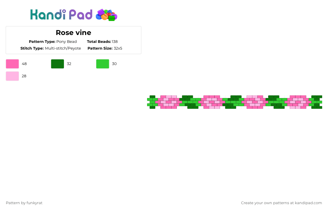 Rose vine - Pony Bead Pattern by funkyrat on Kandi Pad - green,pink,rose,flower,vine,rose vine