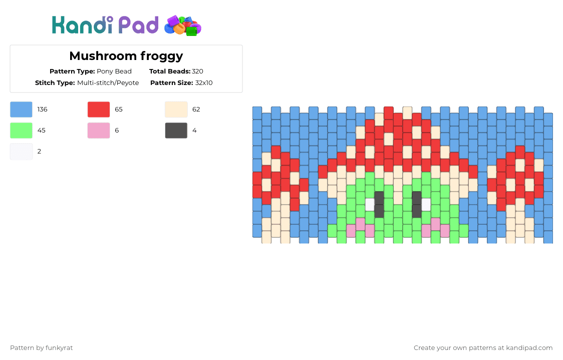 Mushroom froggy - Pony Bead Pattern by funkyrat on Kandi Pad - beige, foggy, frog, frogs, light blue, mushroom, mushroom frogs, red