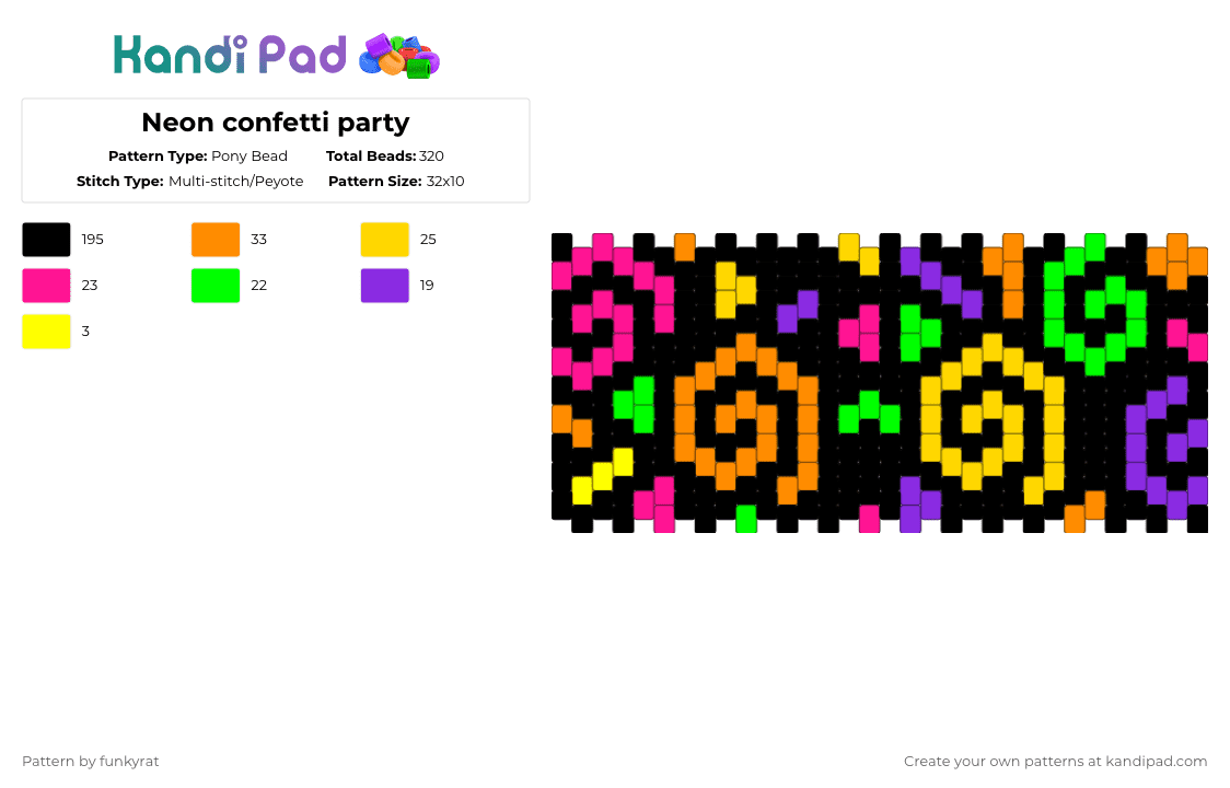 Neon confetti party - Pony Bead Pattern by funkyrat on Kandi Pad - black,yellow,orange,party,neon,scene,alt,emo,confetti,funky,cotdpopartmovement