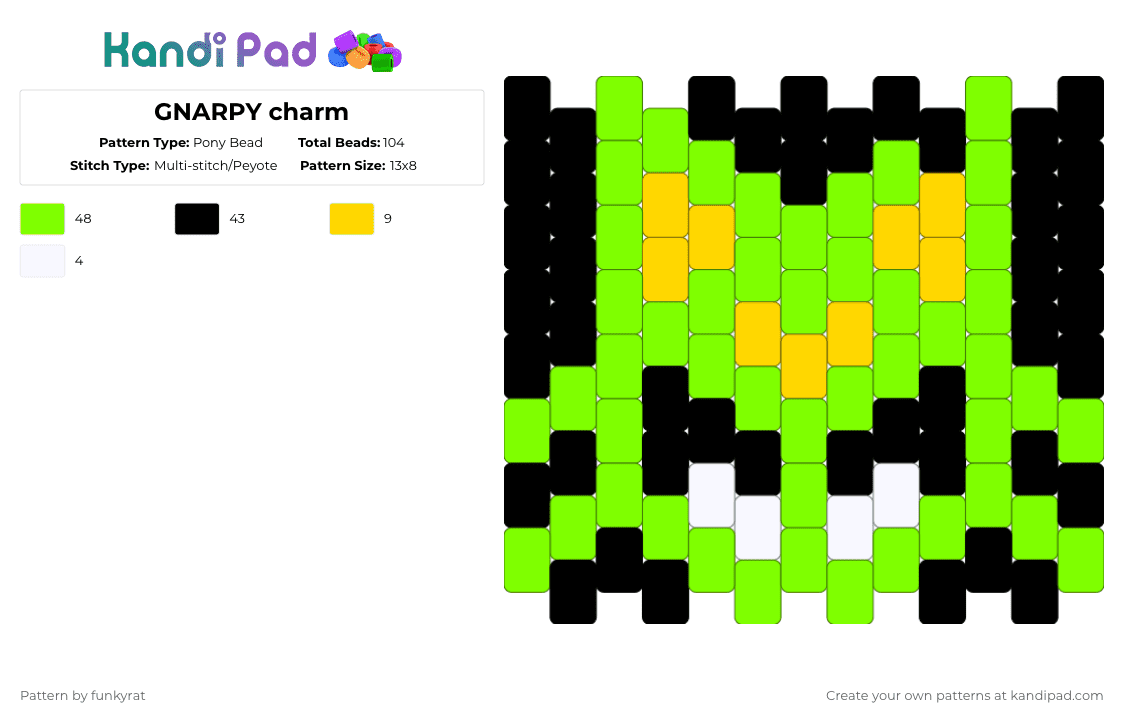 GNARPY charm - Pony Bead Pattern by funkyrat on Kandi Pad - green,gnarpy,charm,alien,alien cat,cat,space