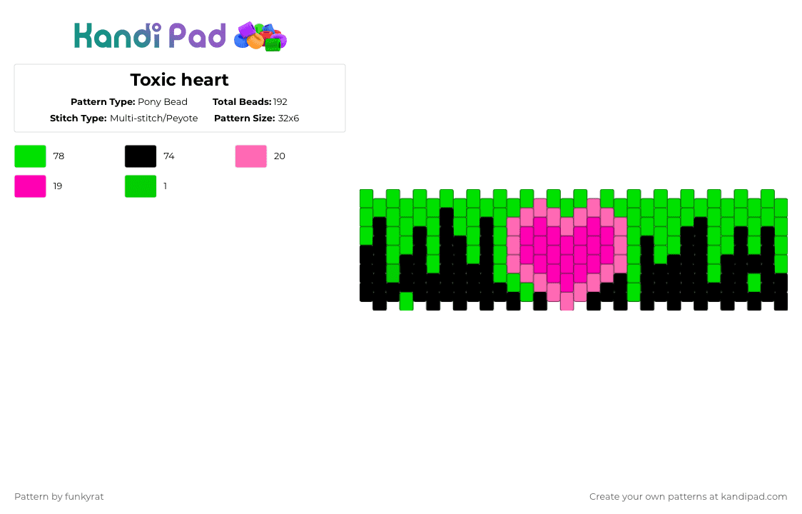 Toxic heart - Pony Bead Pattern by funkyrat on Kandi Pad - green,pink,toxic,drippy,heart,love