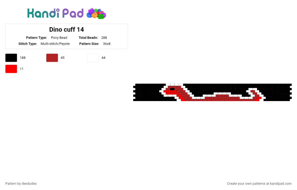 Dino cuff 14 - Pony Bead Pattern by deedudes on Kandi Pad - black,red,white