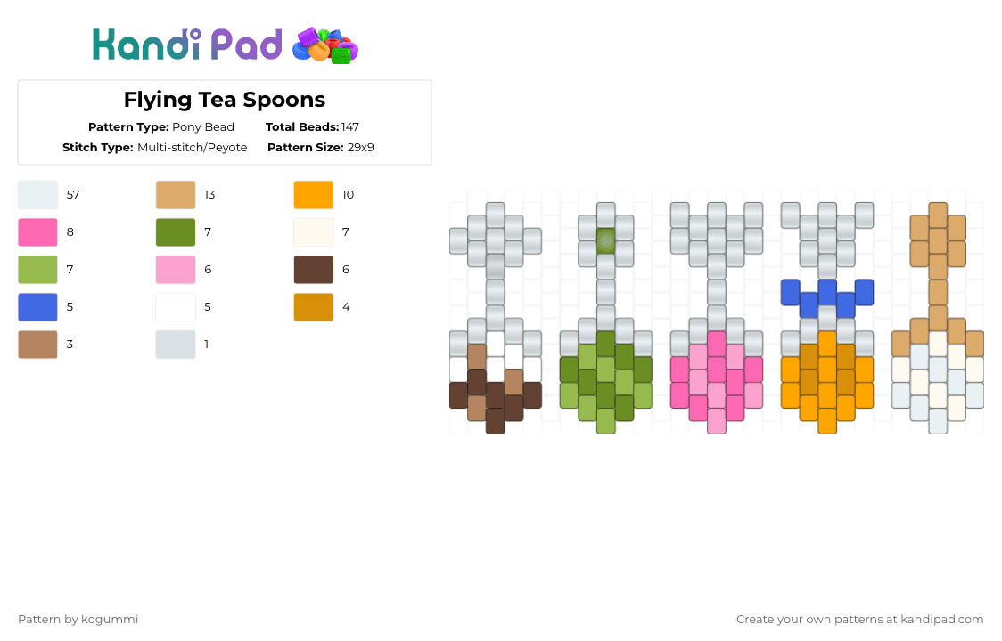 Flying Tea Spoons - Pony Bead Pattern by kyletheclown123 on Kandi Pad - white,orange,green,pink,teaspoons,spoons,sweets,crk,magic,small,silver,flying teaspoons